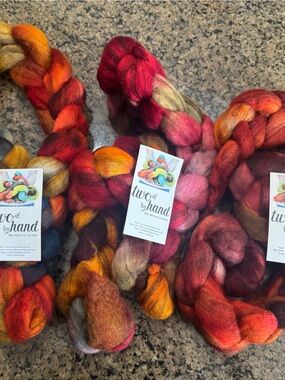 Two If By Hand Mixed BFL Hand-Dyed Wool Roving in Red, Orange & Gold Tones